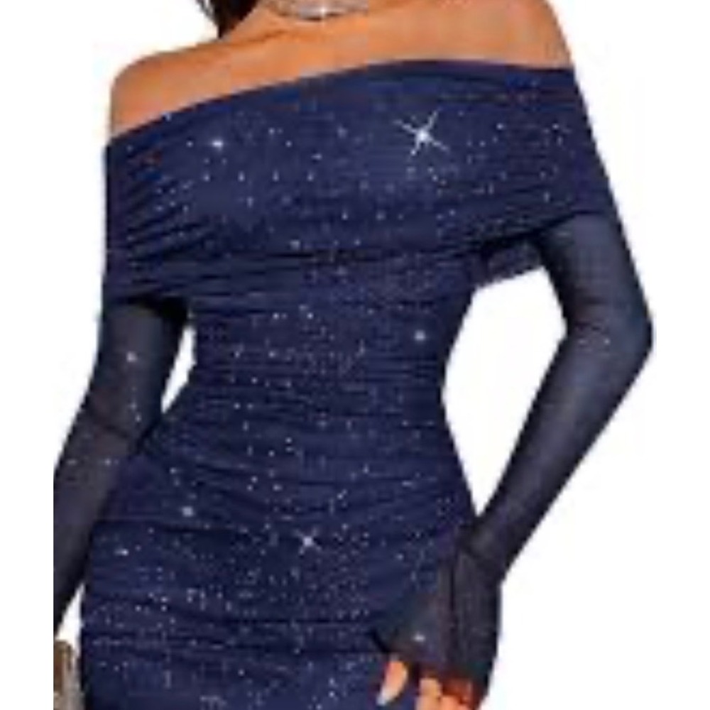 BeryLove Long Sleeve Sequin Ruched Dress navy blue mesh fabric bodycon M NWT